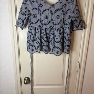 Zara Blue and Navy Embroidered Blouse